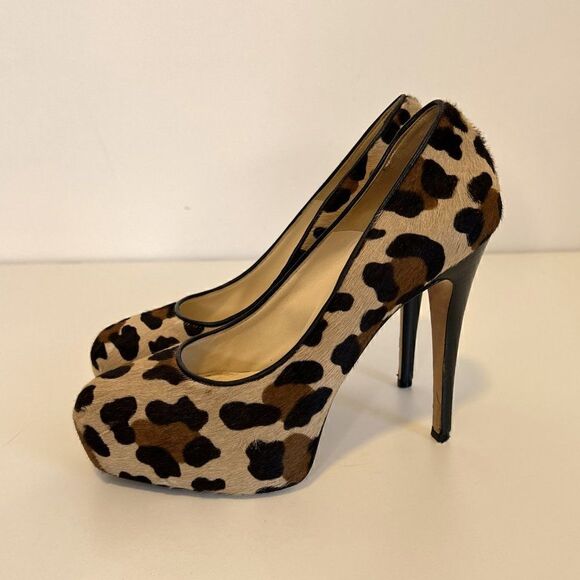 Brian Atwood Leopard Print Calf Hair Slip On Platform Pumps - Picture 3 of 7